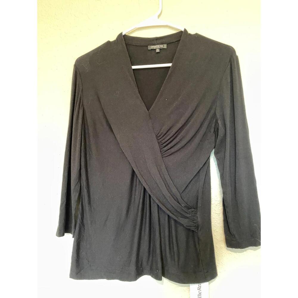 Lafayette 148 Top Medium Petite Womens Black Cross Wrap Long Sleeve Blouse